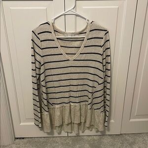 Striped V-Neck Ruffle Hem Top